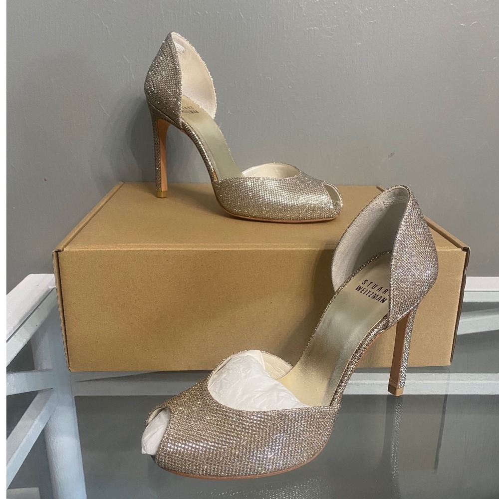 Stuart Weitzman Champagne Gold Metallic Mesh Peep Toe d'Orsay Pumps Heels 5.5 M
